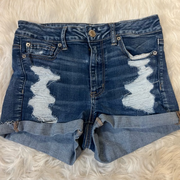 American Eagle Outfitters Pants - American eagle outfitters hi-rise shortie distressed denim blue jean shorts 8